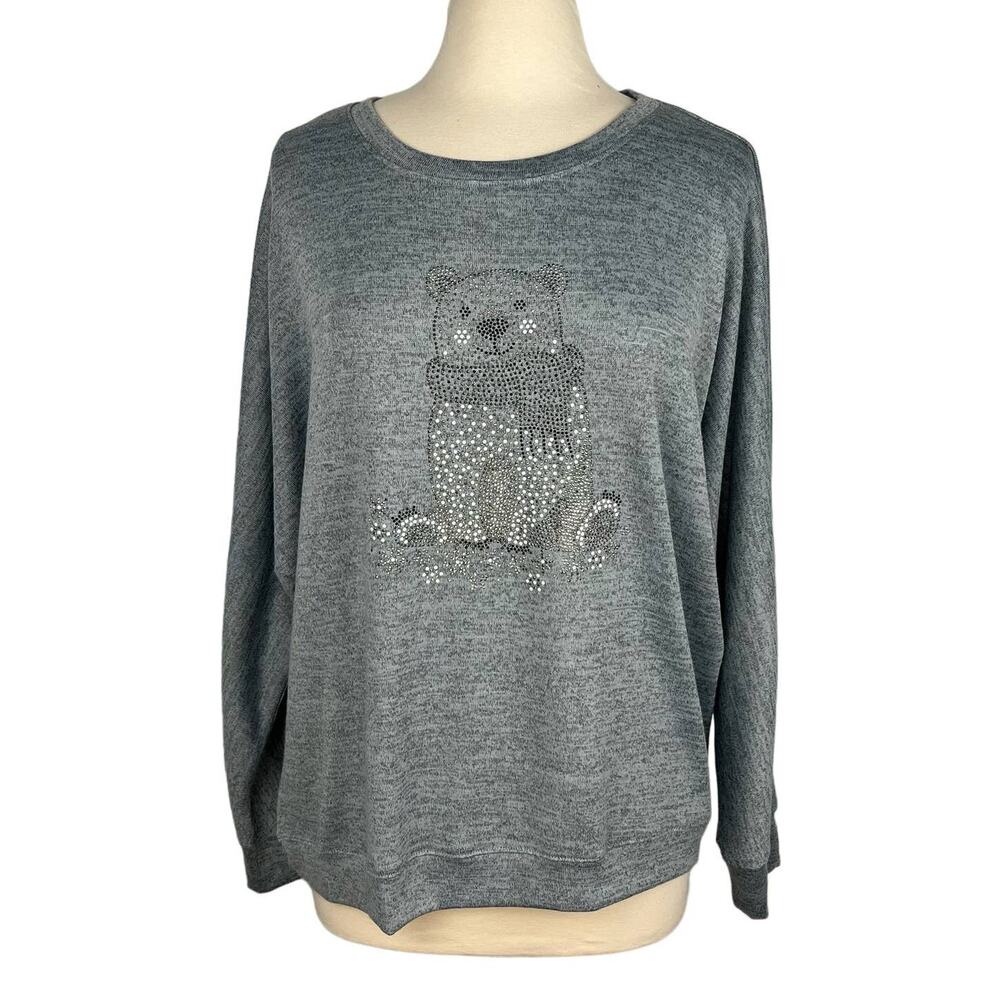 ONE WORLD | Gray/Blue Rhinestone Polar Bear Comfy Sweatshirt | Women's Large